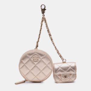 Chanel Gold Metallic Quilted Lambskin Round Clip On Coin Purse Airpods Case