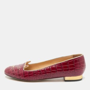 Charlotte Olympia Burgundy Croc Embossed Leather Smoking Slippers Size 38.5