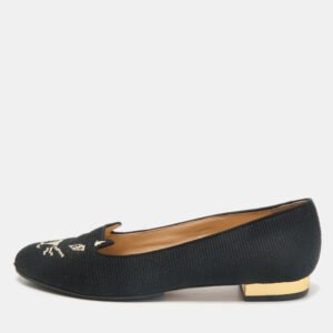 Charlotte Olympia Black Canvas Kitty Smoking Slippers Size 37.5
