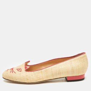 Charlotte Olympia Beige Raffia Kitty Smoking Slippers Size 38