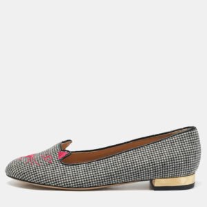 Charlotte Olympia Grey Canvas Emoticats Smoking Slippers Size 38