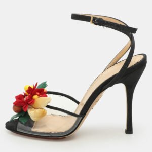 Charlotte Olympia Black Canvas Trims And PVC Tropicana Ankle Strap Sandals Size 39