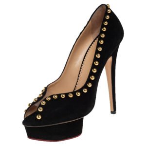 luxury-women-charlotte-olympia-used-shoes-p448364-002 Charlotte Olympia Black Suede Daphne Studded Peep Toe Platform Pumps Size 39.5