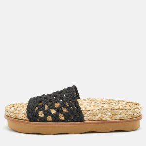 Chloe Black Woven Crochet Wavy Flat Slides Size 40