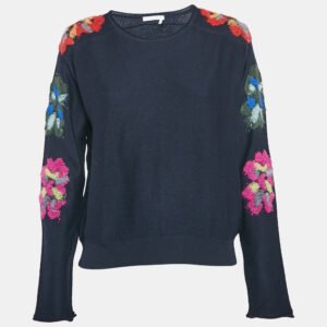 Chloe Navy Blue Floral Embroidery Wool Sweater M