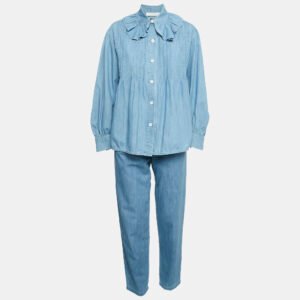 Chloe Blue Eternal Blue Denim Ruffled Blouse and Trousers Set S