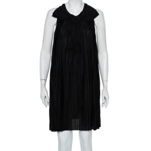 Chloe Black Pleated Silk Bow Detail Flared Noir Dress XS