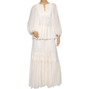 Chloe Cream Crinkle Silk Lace Trim Detailed Blouse and Skirt S