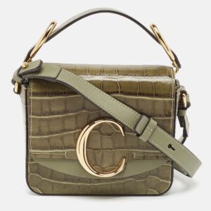 Chlo&eacute; Two Tone Green Croc Embossed Leather Mini C Top Handle Bag