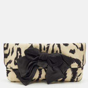 Chloe Cream/Black Printed Fabric Bow Clutch