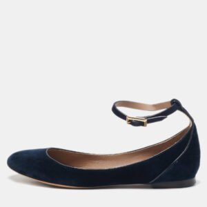 Chloe Navy Blue Velvet Ankle Strap Ballet Flats Size 38