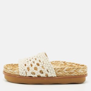 Chloe White Woven Crochet Wavy Flat Slides Size 37