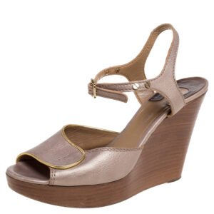 Chloe Metallic Peep Toe Ankle Strap Wooden Wedge Platform Sandals Size 37