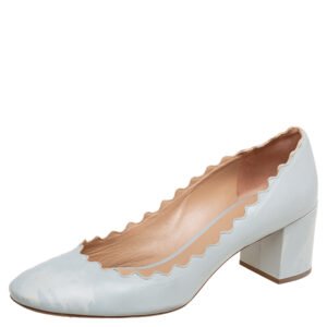 Chloe Blue Leather Lauren Scallop Trim Block Heel Pumps Size 40