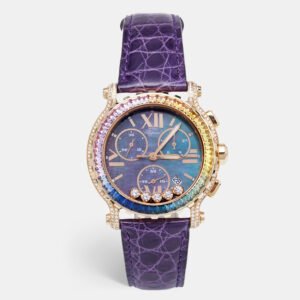 Chopard Black Mother of Pearl Rainbow Baguette Sapphires Diamond 18k Rose Gold Alligator Happy Sport 283582-5017 Women's Wristwatch 42 mm