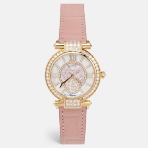 luxury-women-chopard-used-watches-p1139436-002 Chopard Mother Of Pearl Diamond 18K Ethical Rose Gold Alligator Leather Imperiale Moonphase 384246-5001 Women's Wristwatch 36 mm