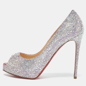 Christian Louboutin Metallic Pink Suede Crystal Embellished New Riche Peep Toe Pumps Size 37.5
