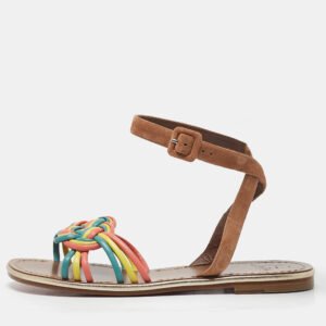 Christian Louboutin Multicolor Braided Leather and Suede Ella Flat Sandals Size 40