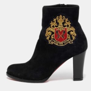 Christian Louboutin Black Suede Embroidered Patch Collegissima Ankle Boots Size 36.5