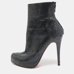 Christian Louboutin Navy Blue Python Platform Ankle Length Boots Size 37