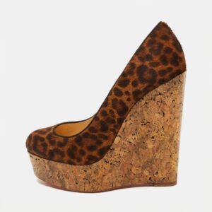 Christian Louboutin Brown Leopard Print Calf Hair Cork Wedge Platform Pumps Size 36