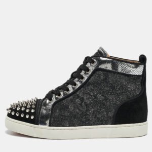 Christian Louboutin Silver/Black Suede and Leather Lou Spikes High Top Sneakers Size 37.5