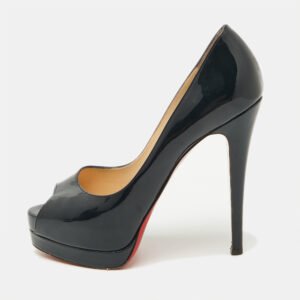 Christian Louboutin Navy Blue Patent Leather Lady Peep Toe Platform Pumps Size 37