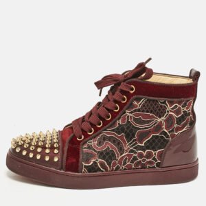 Christian Louboutin Burgundy Patent Leather and Velvet Louis High Top Sneakers Size 37.5