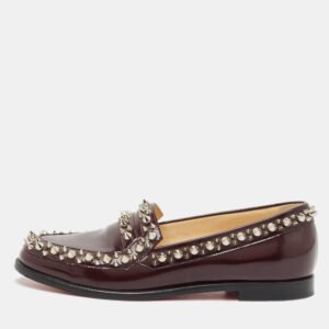Christian Louboutin Burgundy Leather Spike Embellished Slip On Loafers Size 37