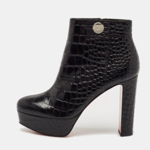 Christian Louboutin Black Croc Embossed Leather Ankle Length Boots Size 39