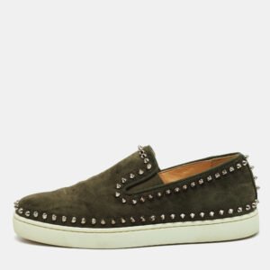 Christian Louboutin Dark Green Suede Spike Pik Boat Slip On Sneakers Size 40.5