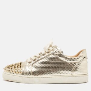 Christian Louboutin Gold Pattern Embossed Leather Louis Junior Spikes Low Top Sneakers Size 38.5