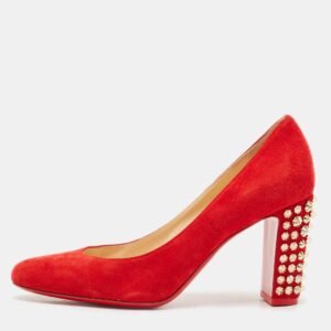 christian louboutin red suede spiked block heels pumps size 38.5