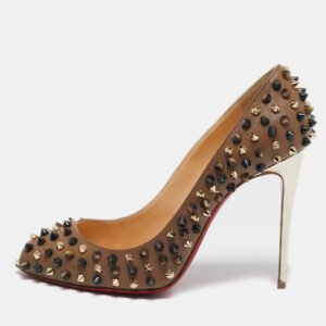 Christian Louboutin Brown Leather Follies Spikes Peep Toe Pumps Size 38.5