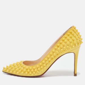 christian louboutin yellow patent leather pigalle spikes pointed toe pumps size 39