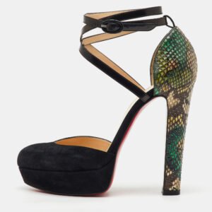 luxury-women-christian-louboutin-used-shoes-p1138323-002 Christian Louboutin Black/Green Suede and Python Ankle Strap Platform Pumps Size 38.5