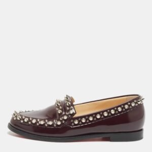 Christian Louboutin Burgundy Leather Spike Embellished Slip On Loafers Size 36.5