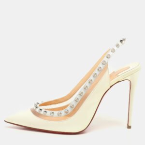 luxury-women-christian-louboutin-used-shoes-p1145877-010 Christian Louboutin Cream Patent Leather and PVC Brigandine Spike Slingback Pumps Size 36.5