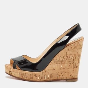 Christian Louboutin Black Patent Leather Cork Wedge Sandals Size 36