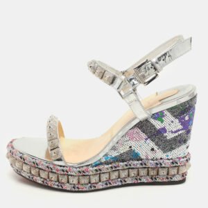 Christian Louboutin Silver Foil Leather Studded Cataclou Espadrille Wedge Sandals 38