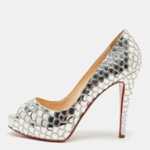 Christian Louboutin Silver Scaled PVC Poseidon Peep Toe Platform Pumps Size 38