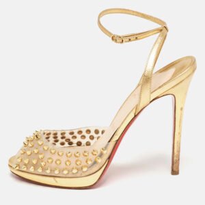 Christian Louboutin Gold Leather and PVC Spiked St Jeannette Ankle Strap Sandals Size 39