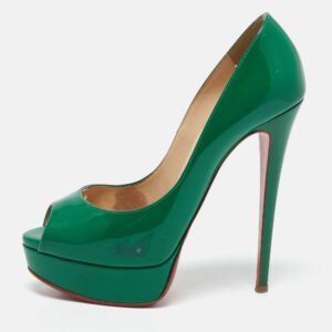 luxury-women-christian-louboutin-used-shoes-p1150622-010 Christian Louboutin Green Patent Leather Lady Peep Toe Pumps Size 38.5