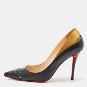 luxury-women-christian-louboutin-used-shoes-p1152408-003 Christian Louboutin Black/Gold Leather and Satin Pointed Toe Pumps Size 39