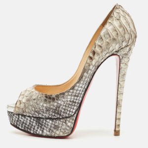 Christian Louboutin Metallic/Silver Python Leather Lady Peep Toe Platform Pumps Size 38.5