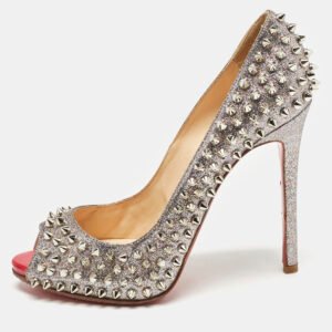 Christian Louboutin Metallic Silver Glitter Yolanda Spike Peep Toe Pumps Size 38.5