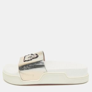 Christian Louboutin Silver Leather Crown Beau Slide Sandals Size 40