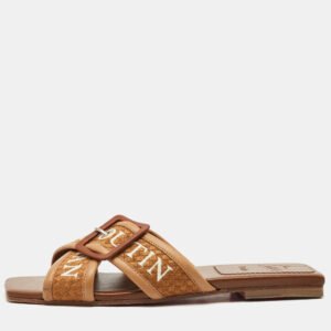 Christian Louboutin Brown Logo Canvas and Leather Crossimule Flat Slides Size 38.5