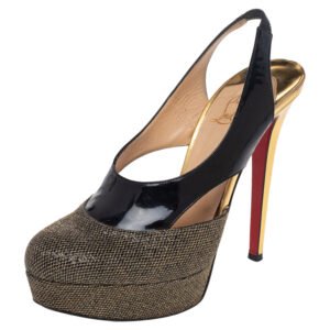Christian Louboutin Black/Gold Patent and Metallic Mesh Platform Slingback Pumps Size 38.5