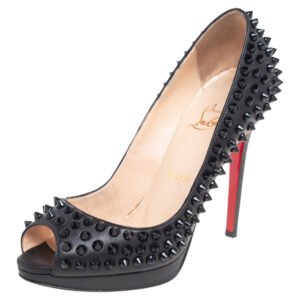 Christian Louboutin Black Leather Yolanda Spikes Peep Toe Pumps Size 37.5